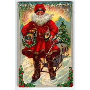 Santa Claus Christmas Postcard Icicles Sled Toy Boat Car Tree Mountains Embossed